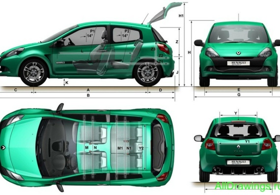 Renault Sport Clio III PH2 (2009) (Renault Sport Clio 2I PN2 (2009)) - drawings (drawings) of the car